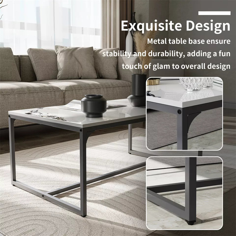 White & Black Rectangular Sintered Stone Coffee Table with Sleek Frame
