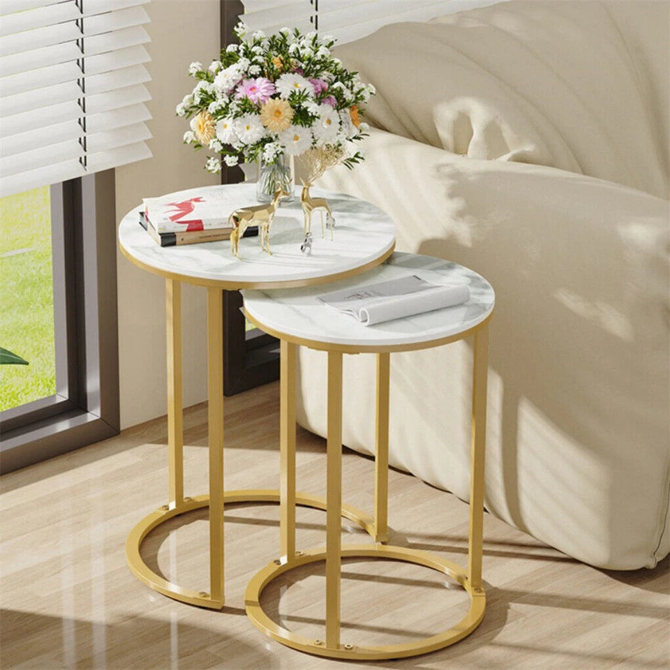 White Set of 2 Sintered Stone Nesting Side Tables With Gold Metal Legs