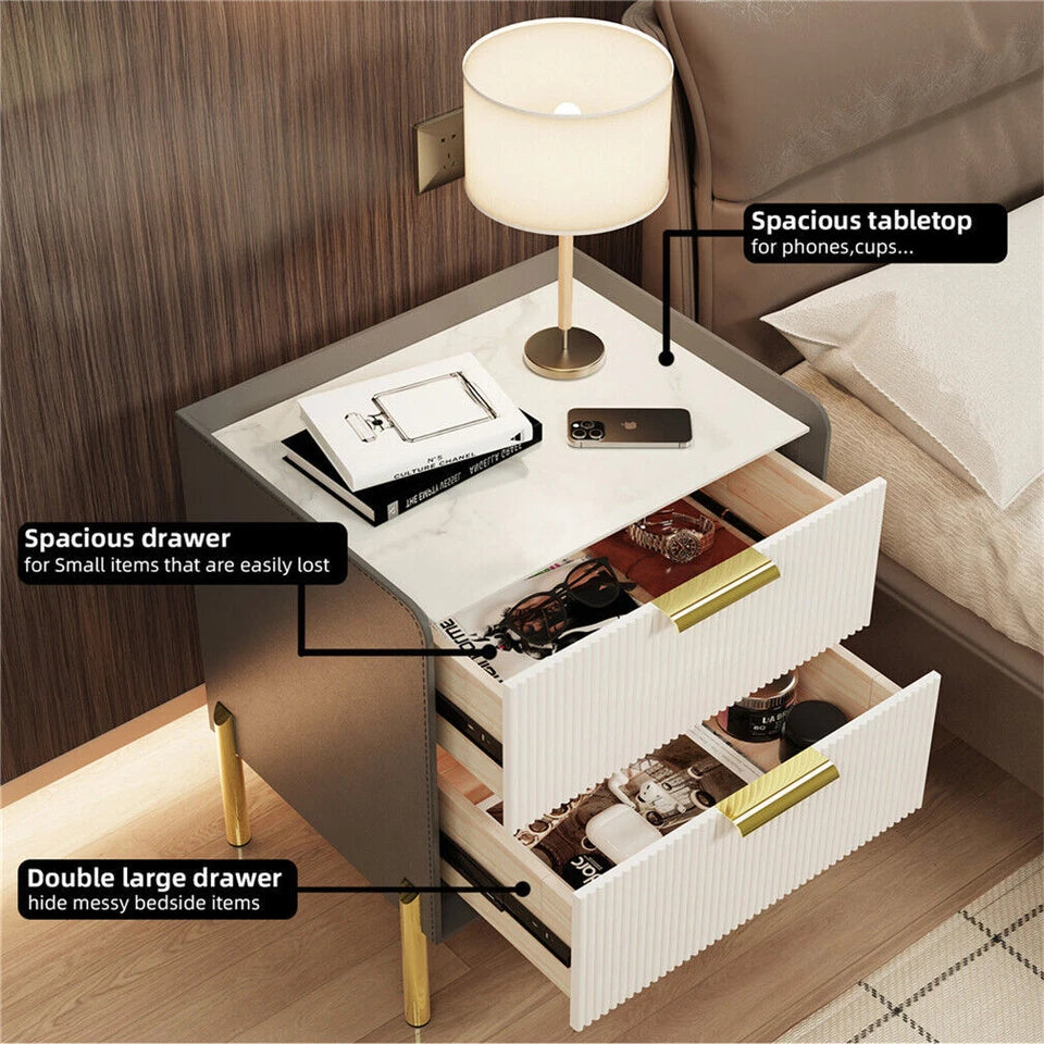 White & Grey Bedside Table With Sintered Stone Top And Storage Drawers