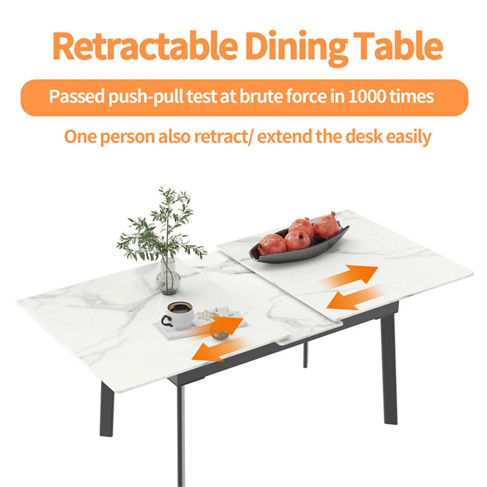 Glossy White Extendable Sintered Stone Dining Table With Sleek Metal Frame