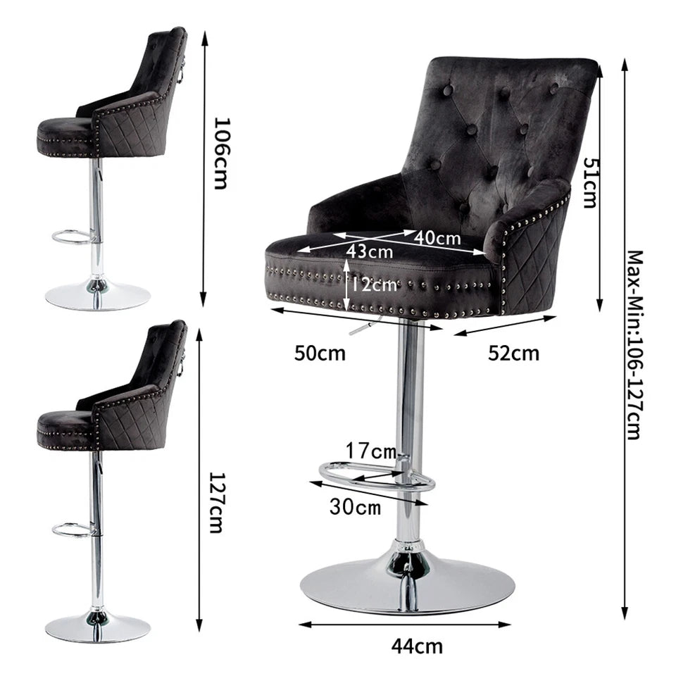 Black Velvet 360° Swivel Bar Stool With Lion Head Detail And Adjustable Height