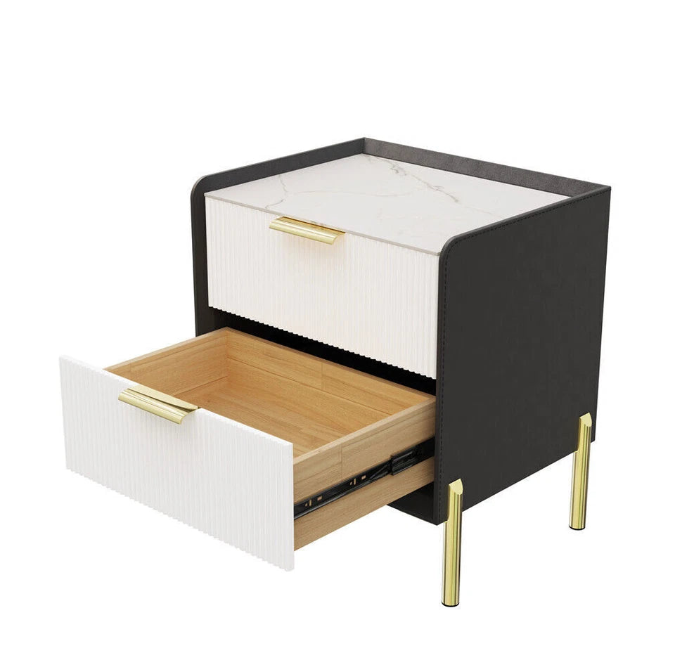 White & Grey Bedside Table With Sintered Stone Top And Storage Drawers