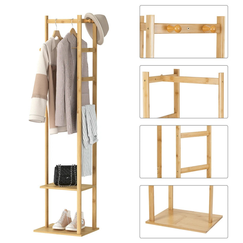 Premium Bamboo Coat Stand Corner Clothes Rack Garment Shelf Hanging Rail Hooks