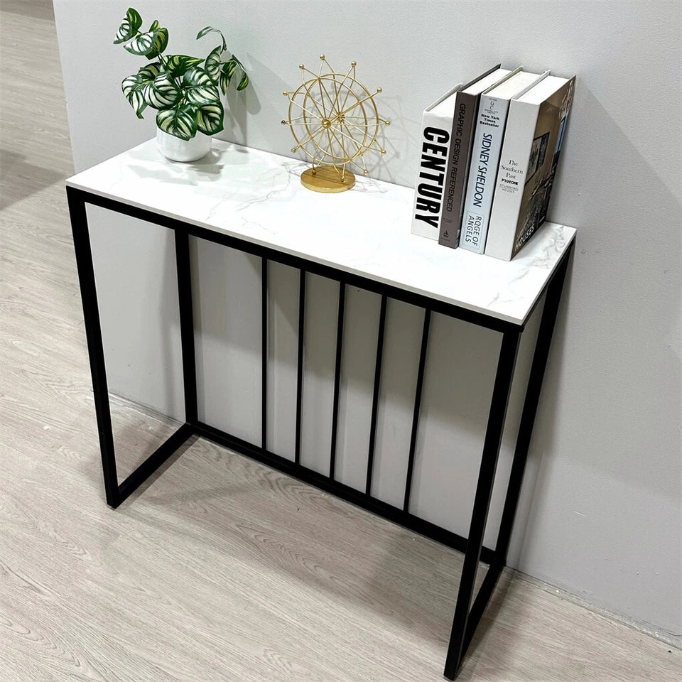 White Grey Sintered Stone Console Table With Sleek Modern Metal Legs