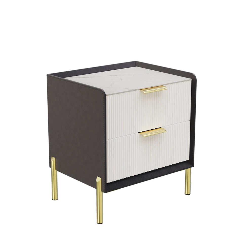 White & Grey Bedside Table With Sintered Stone Top And Storage Drawers