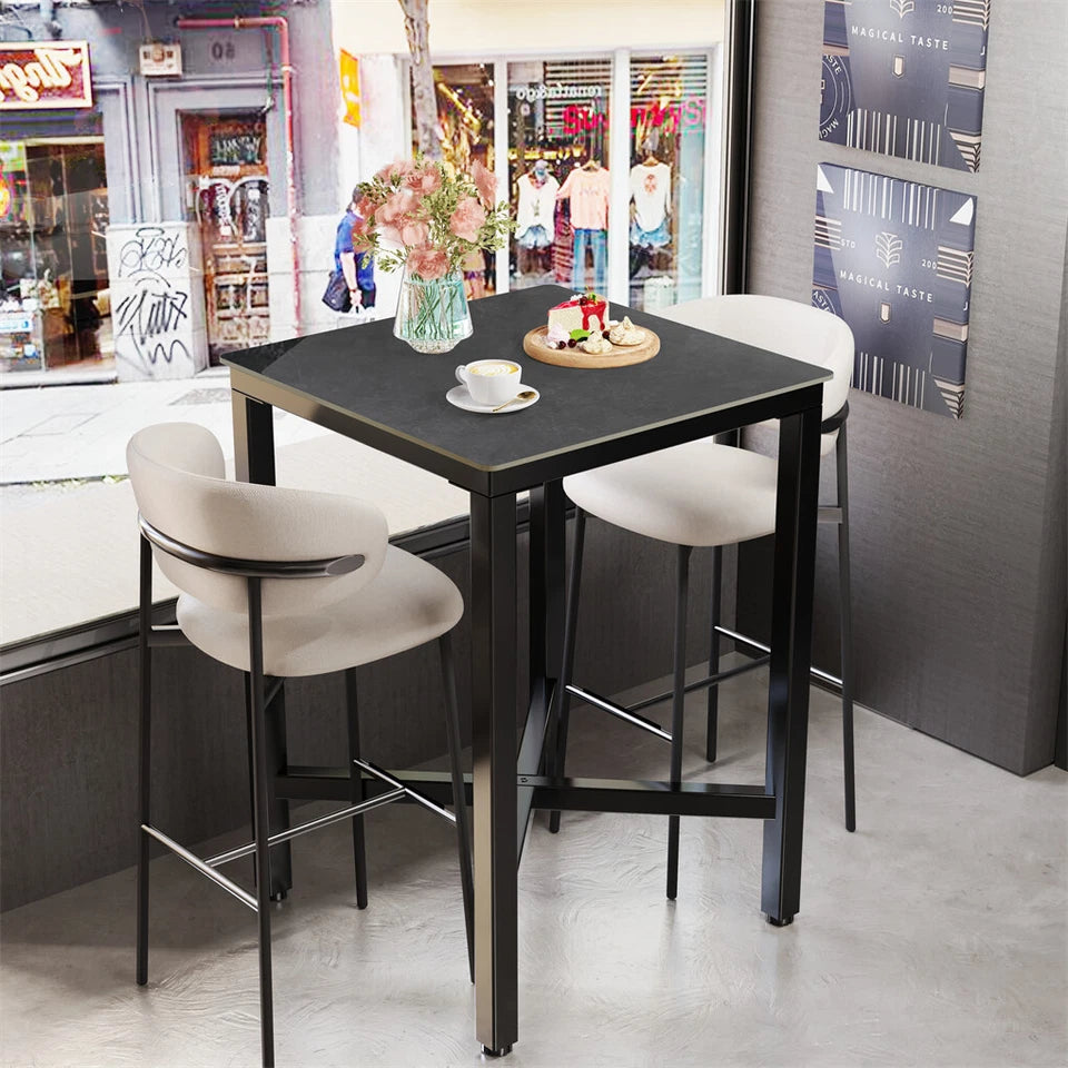 Matte Grey Square High-Top Bar Table With Sintered Stone Top And Sleek X Base