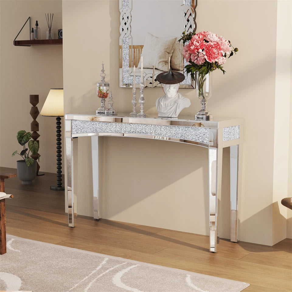 Silver Crushed Diamond Console Table With Mirror Finish And Glass Legs