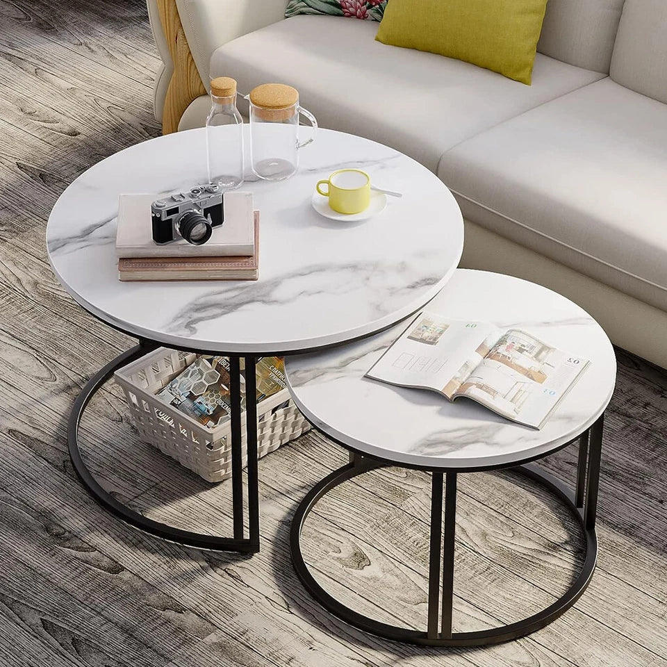 White and Gray Sintered Stone Round Nesting Coffee Tables with Metal Base