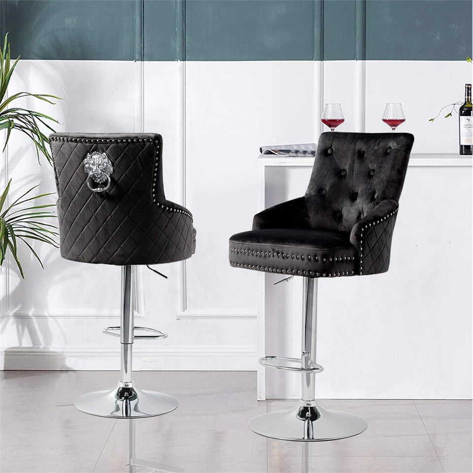 Black Velvet 360° Swivel Bar Stool With Lion Head Detail And Adjustable Height