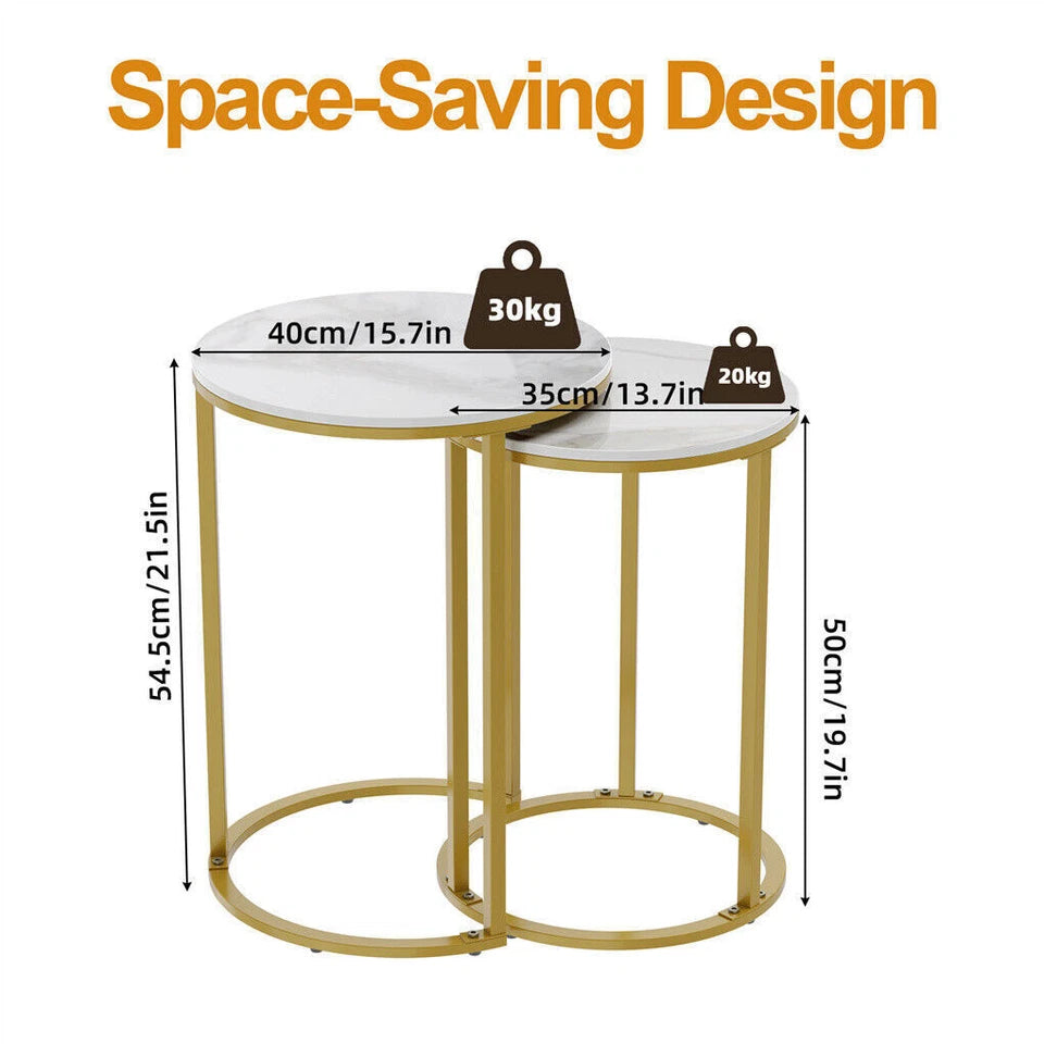 White Set of 2 Sintered Stone Nesting Side Tables With Gold Metal Legs
