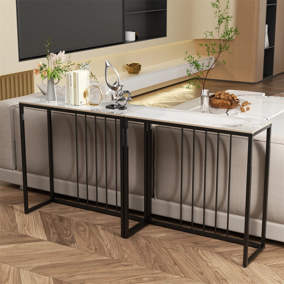 White Grey Sintered Stone Console Table With Sleek Modern Metal Legs