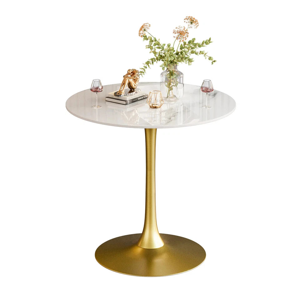 White Round Sintered Stone Bar Table With Gold Pedestal Base For Modern Interiors