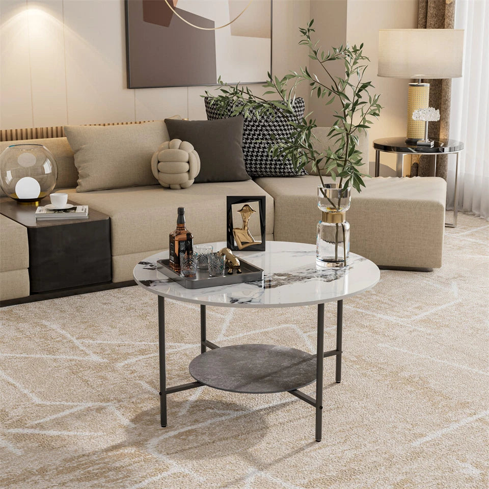 White & Black Round Coffee Table with 2?Tier Sintered Stone & Storage