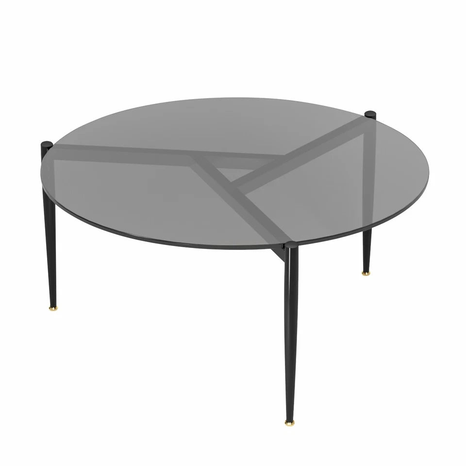 Blue Tinted Round Tempered Glass Coffee Table with Sturdy Metal Base