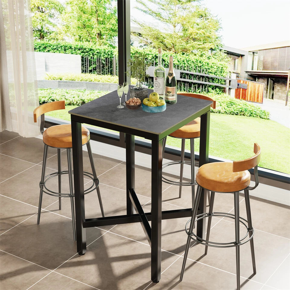 Matte Grey Square High-Top Bar Table With Sintered Stone Top And Sleek X Base