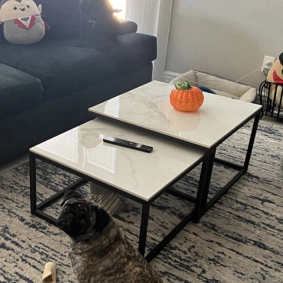 White Sintered Stone Rectangular Nesting Tables with Black Metal Frame