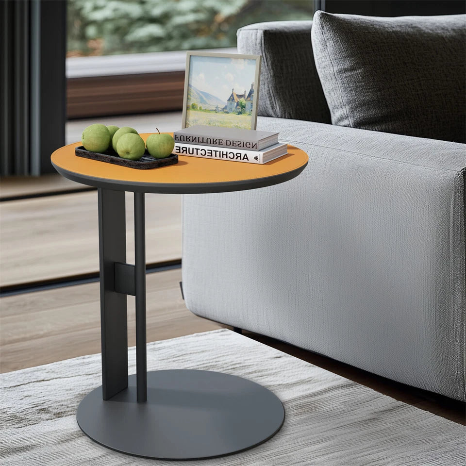 Orange Saddle Leather C-Shaped Side Table With Black Iron Frame Support
