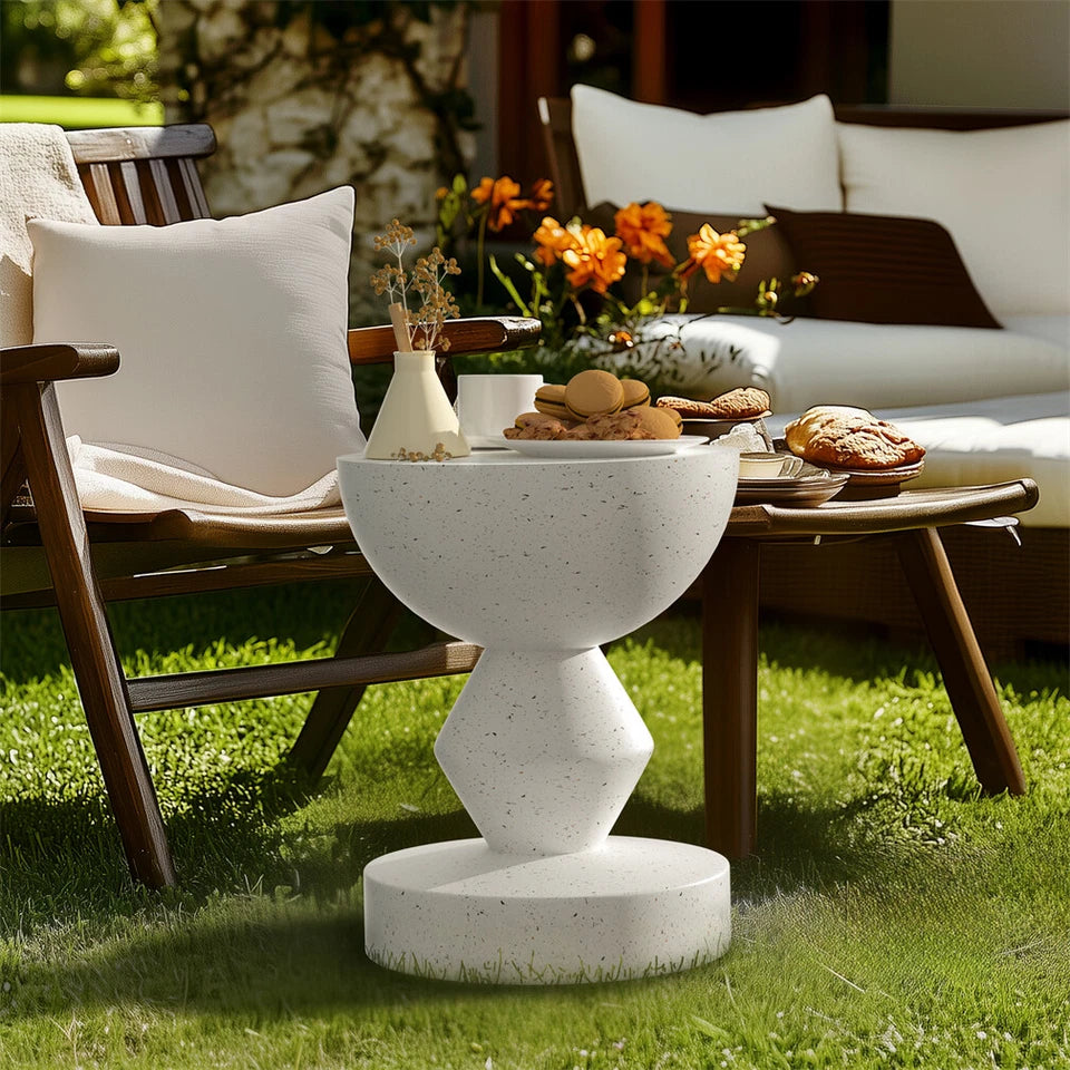White Concrete Side Table With Sculpted Design For Indoor Or Patio Use