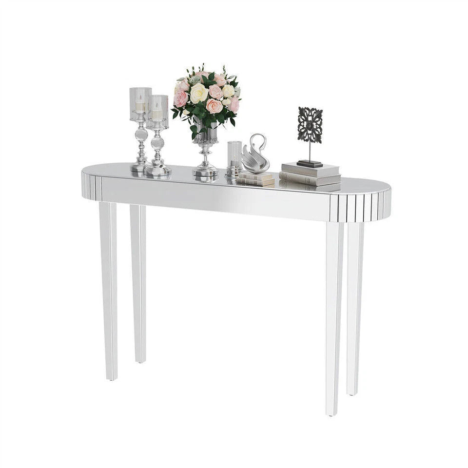 Silver Mirrored Console Table With Oval Frame And Chic Modern Finish