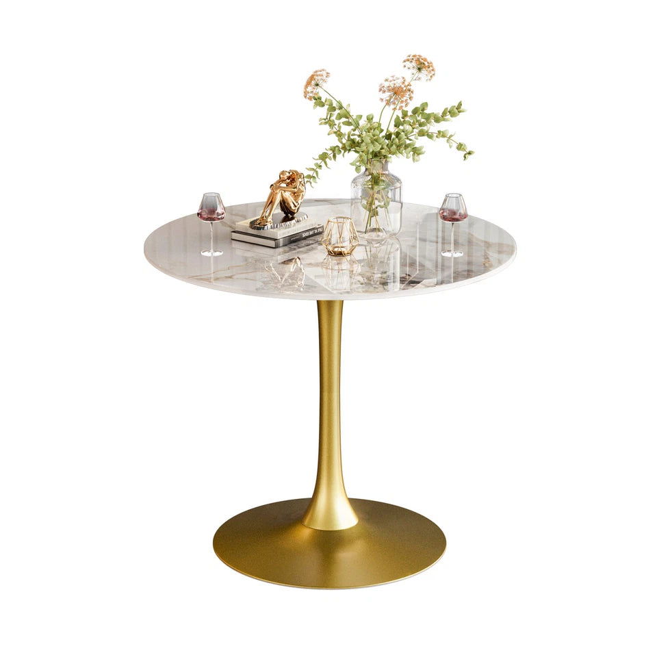 White Emerald Round Dining Table With Gold Base For Modern Small Space Living