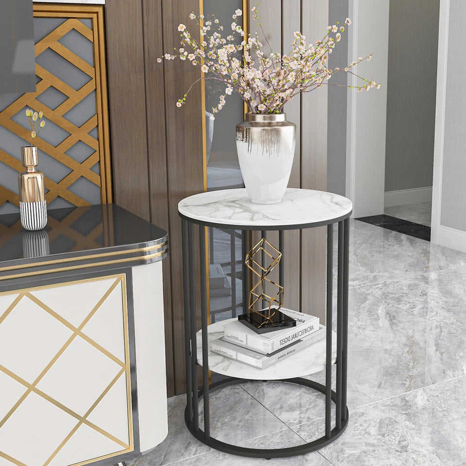 Heavy Duty Marble Side End Table Coffee Table Flower Tray Open Shelf Nightstand