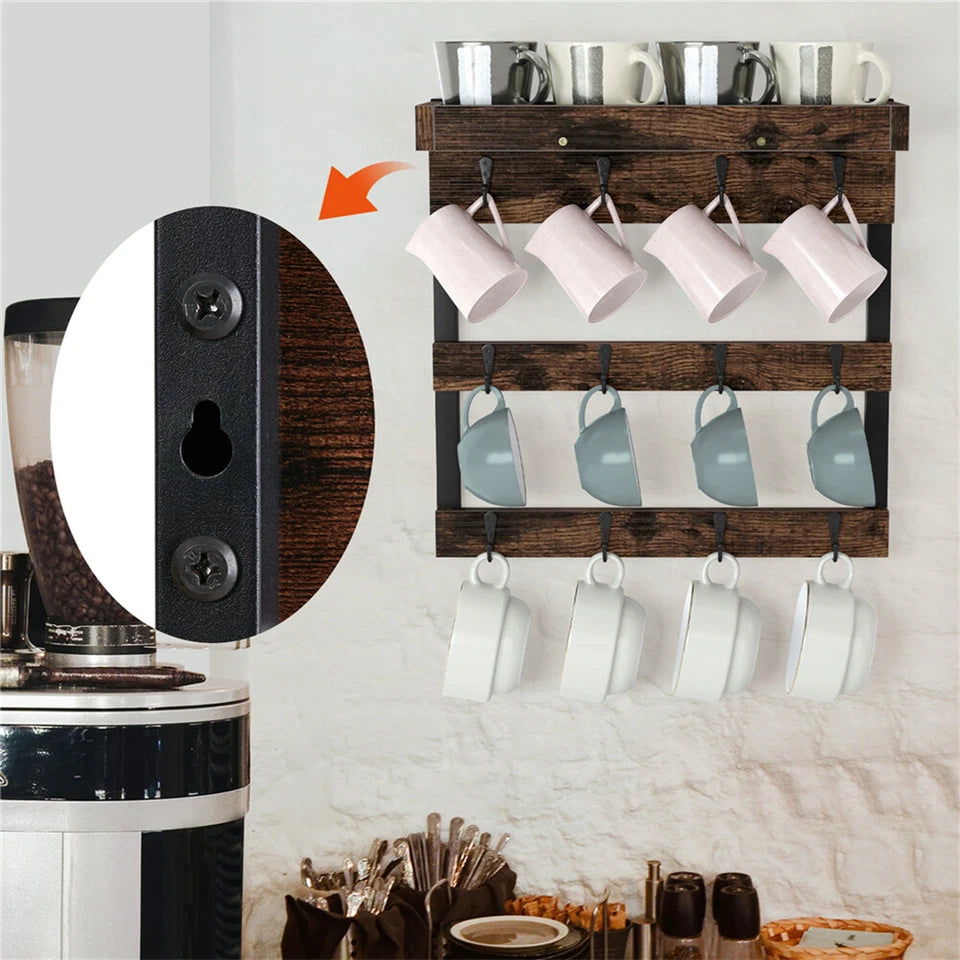 Wall Mounted Shelf Mug Cup Cupboard Kitchen Organiser Hooks Hanging Rack Holder