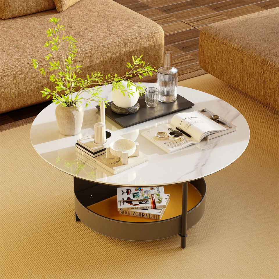 White & Grey Round Sintered Stone Coffee Table with Leather Storage Shelf