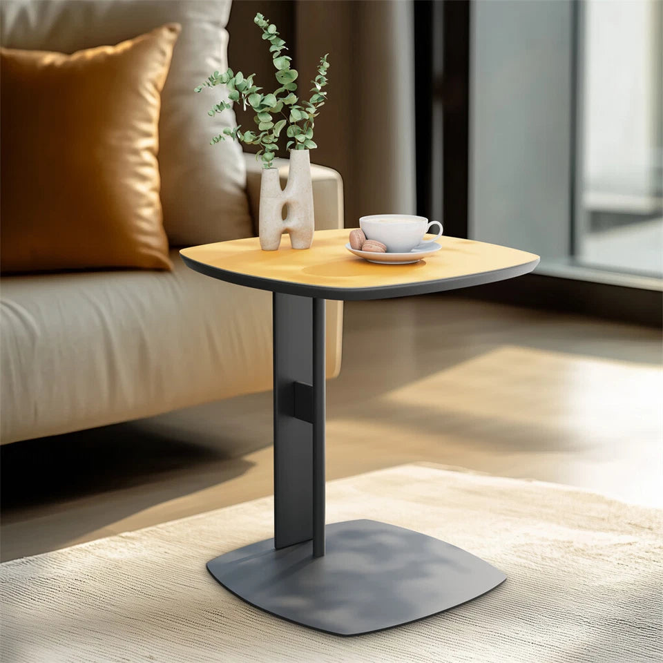 Orange Saddle Leather C-Shaped Square Side Table With Black Iron Frame