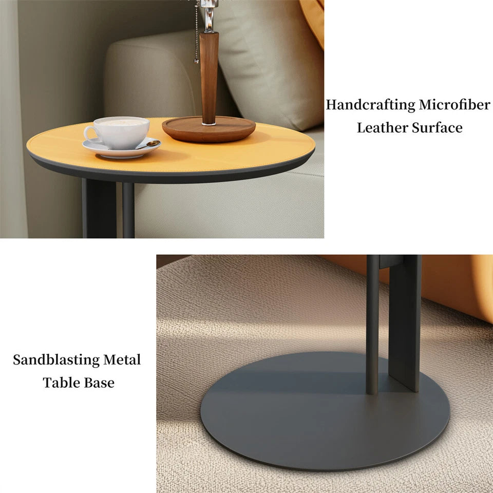 Orange Saddle Leather C-Shaped Side Table With Black Iron Frame Support