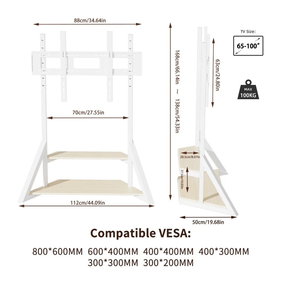 White Heavy Duty TV Floor Stand with 2-Tier Shelves for 65-100 Inch Large Screens