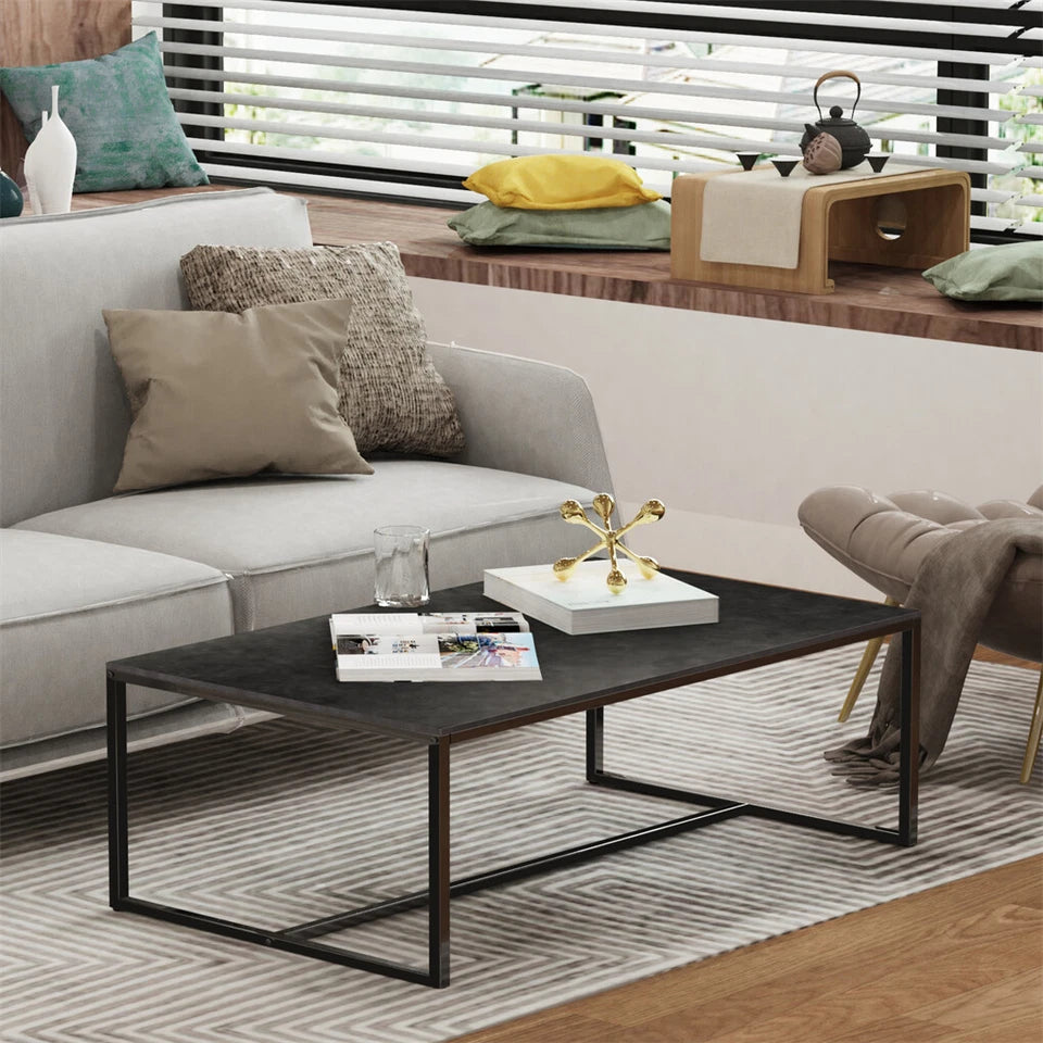 Black Sintered Stone Coffee Table with Sleek Minimalist Metal Base Design