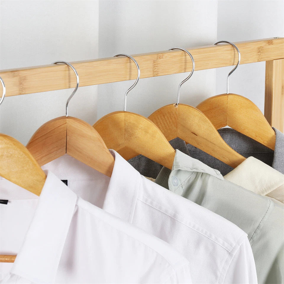 Heavy Duty Bamboo Garment Rack Freestanding Rolling Clothes Trousers Scarf Rack