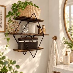 Dark wood diamond frame wall shelf in a bathroom holding a woven basket, a box, makeup brushes and a gold decor sphere