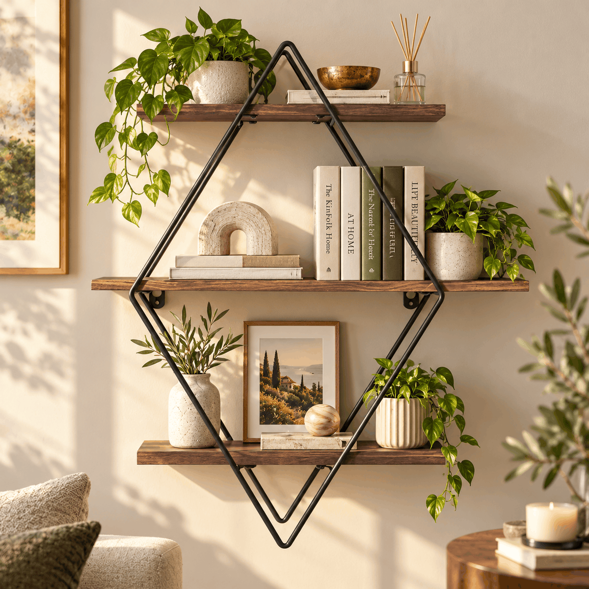 Three tier diamond wall shelf on a cream living room wall with trailing plants, framed art, books and a candle