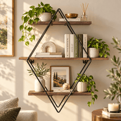 Three tier diamond wall shelf on a cream living room wall with trailing plants, framed art, books and a candle