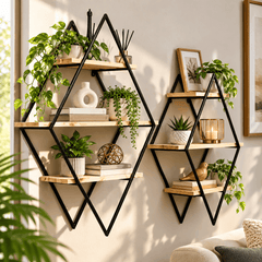 Two diamond frame wall shelves mounted side by side on a living room wall with plants, books and candle decor