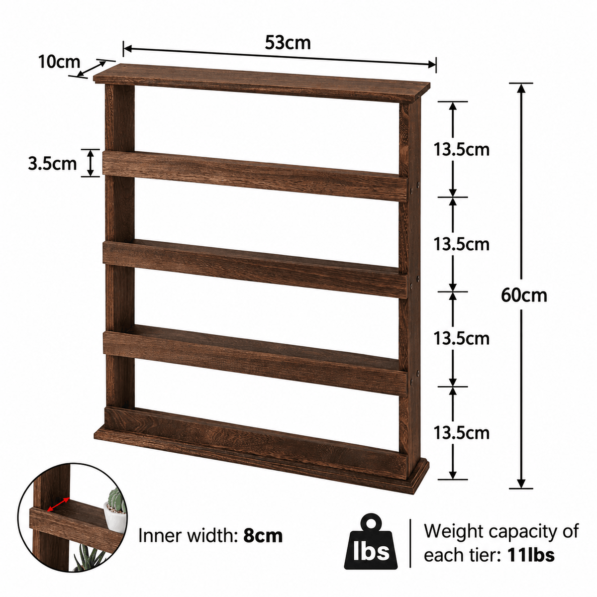 Dimensions diagram of the four tier wooden spice rack showing overall size, tier spacing and shelf depth