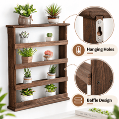 Collage of the wooden rack with small potted plants, a close up of the keyhole hanger and the front rail on each tier