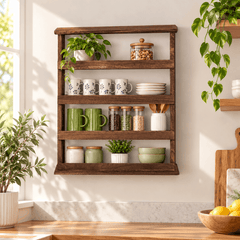 Dark brown wooden four tier rack hung on a kitchen wall holding mugs, plates, glass jars and small plants beside a window