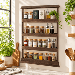 Wooden four tier wall hanging spice rack filled with labelled glass spice jars and oil bottles in a bright kitchen