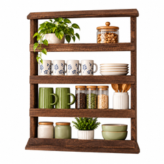 Dark brown four tier wooden rack on a white background holding a plant, mugs, plates, bowls and glass jars