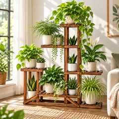 Wooden plant stand with potted houseplants in a bright living room beside a window and sofa