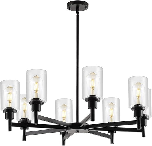 8-Light Industrial Black Chandelier with Glass Shades