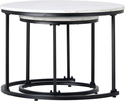 White and Gray Sintered Stone Round Nesting Coffee Tables with Metal Base
