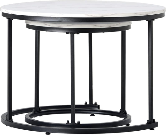 White and Gray Sintered Stone Round Nesting Coffee Tables with Metal Base