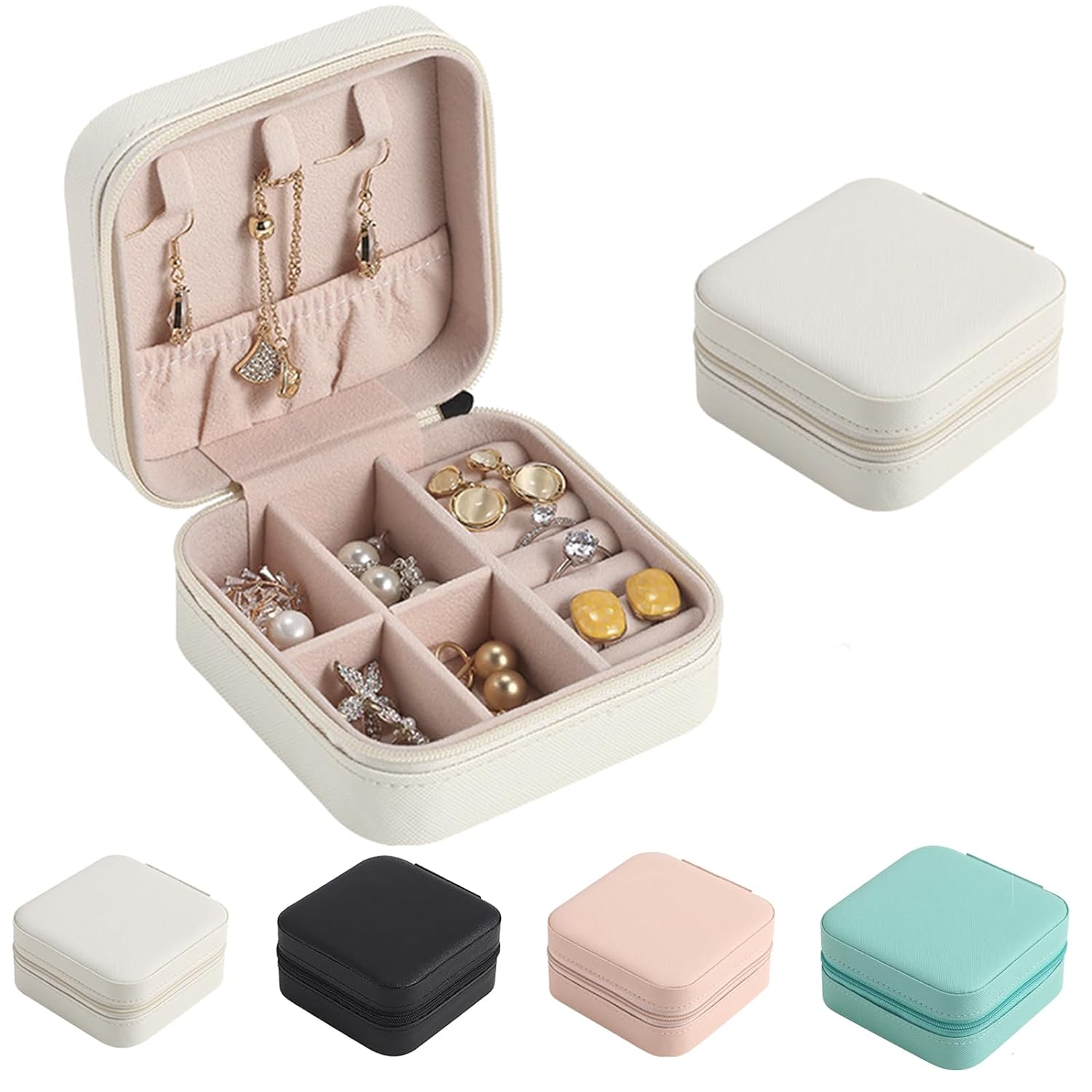 White Mini Travel Jewelry Organizer – Small Zipper Storage Case for Earrings, Rings, Bracelets & Necklaces – Perfect Gift for Women & Girls