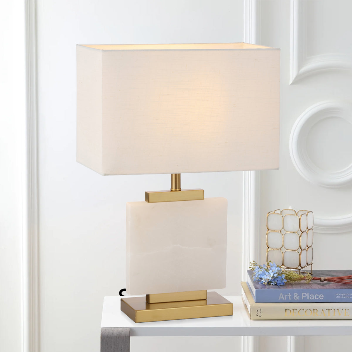TFS TABLE LAMP 25wE27max L330 W190 H530 INLINE SWT ANT GOLD/WHITE MARBLE