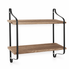 Two tier wall shelf with brown wooden boards and black curved metal brackets on a white background
