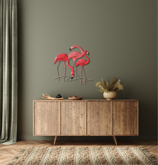 Pink Flamingo Metal Wall Art with Coastal-Inspired Design and Durable Frame Construction
