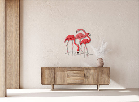 Pink Flamingo Metal Wall Art with Coastal-Inspired Design and Durable Frame Construction